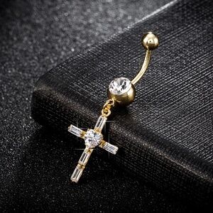 Crystal Baguette Heart Cross Belly Ring